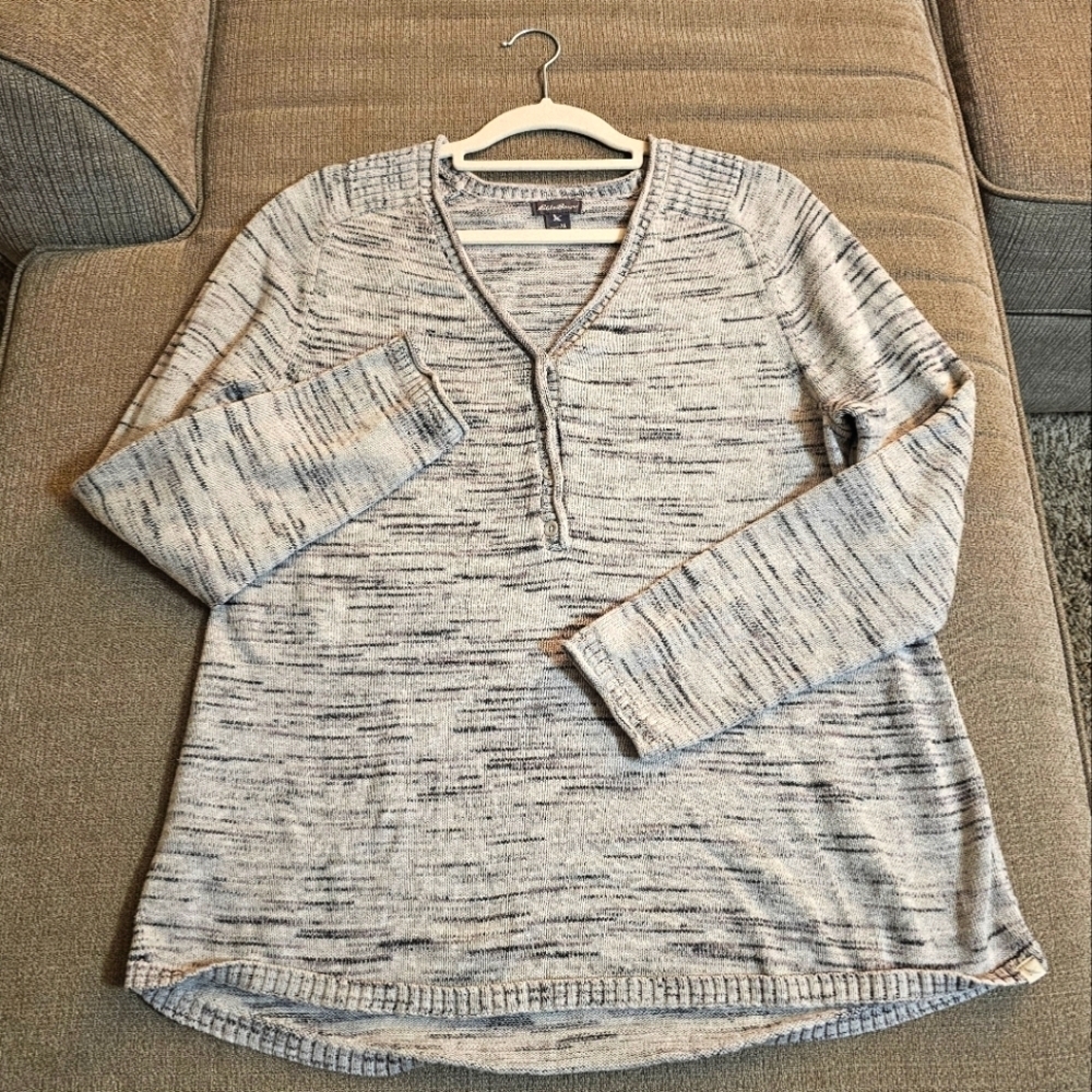 Eddie Bauer Gray White Marled Cozy Casual V-neck Sweater Size XL
